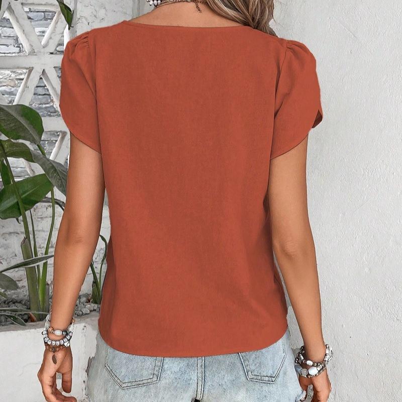 New Chic Womens Asymmetrical Neck Puff Sleeve Blouse Casual Button Detail Short Sleeve Top Elegant Loose Fit Summer Shirt for Work  Everyday Wear