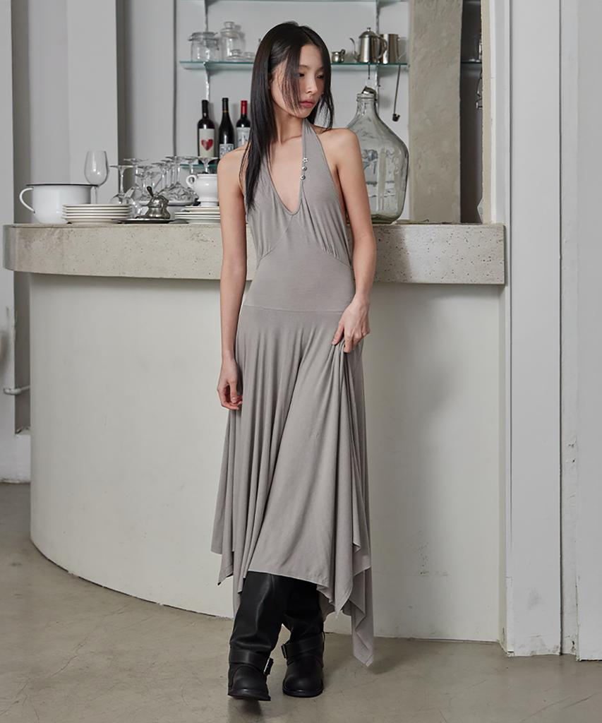 Leondeondada Halter Unbalanced Draped Dress, G.Beige