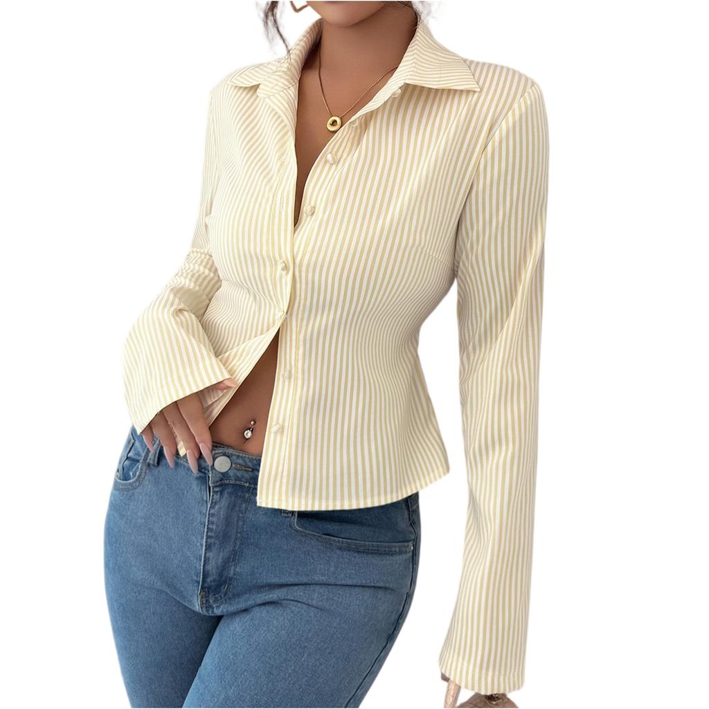 Dámská módní pruhovaná košile s dlouhým rukávem a zapínáním na knoflíky