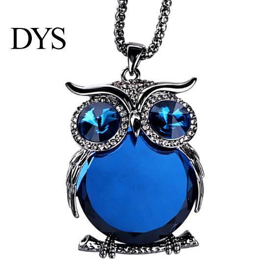 Langlebige glänzende Legierungskette mit Faux-Kristall-Eulenanhänger Halskette für Damen, Lange blaue Pullover-Kette mit Strassstein-Accessoire, Modeschmuck für den täglichen Gebrauch