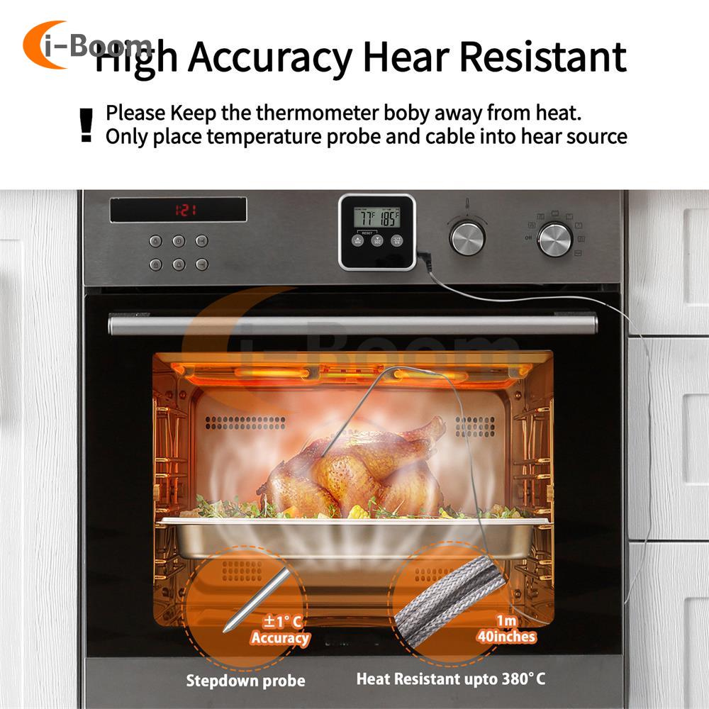 LED Digital Thermometer with Waterproof Probe BBQ Oven Temperature Inspection Instrument Timer High Temperature Alarm
