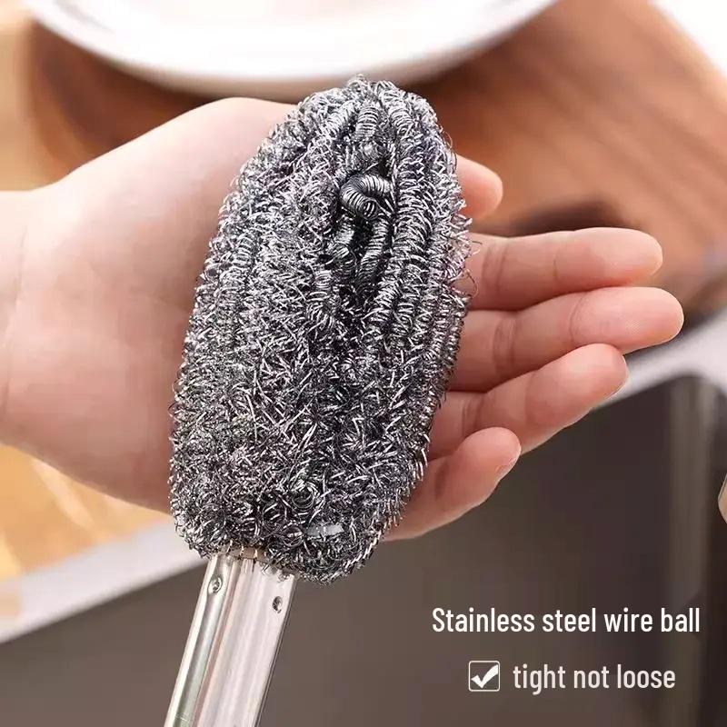 Long-Handle Rustproof Steel Wool Brush - Gentle On Hands, Ideal for Cleaning Pots, Bottles, Cans, Bowls, and Stovetops Without Shedding Residue