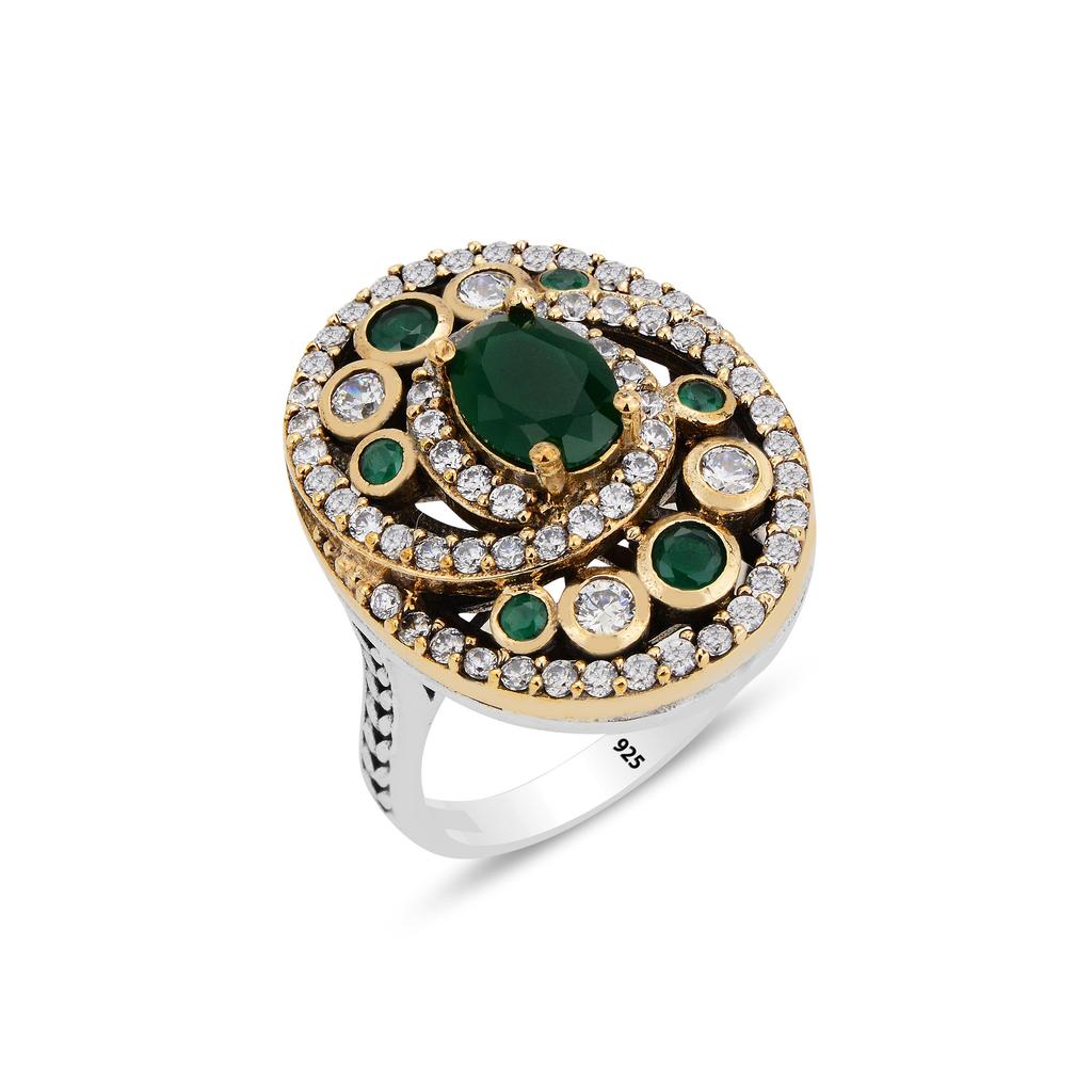 Authentisches Silberschmuckset, Smaragdsteine-Silberset, Halskette, Ohrringe und Ring-Set im osmanischen Design, einzigartiges Geschenk für Frauen