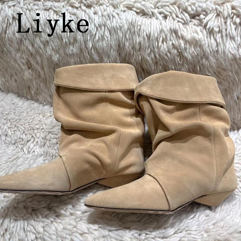 Modne Liyke Vintage Szpiczaste Skórzane Botki Plisowane Dla Kobiety Dziwne Niskie Cienkie Obcasy Buty Botki Do Kostki Kobiety Zapatos De Mujer