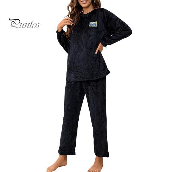 

2 шт./комплект осень-зима женская пижама костюм круглый вырез длинный рукав фланелевый топ толстые свободные эластичные брюки на талии пижамы повседневная домашняя одежда одежда M чёрный