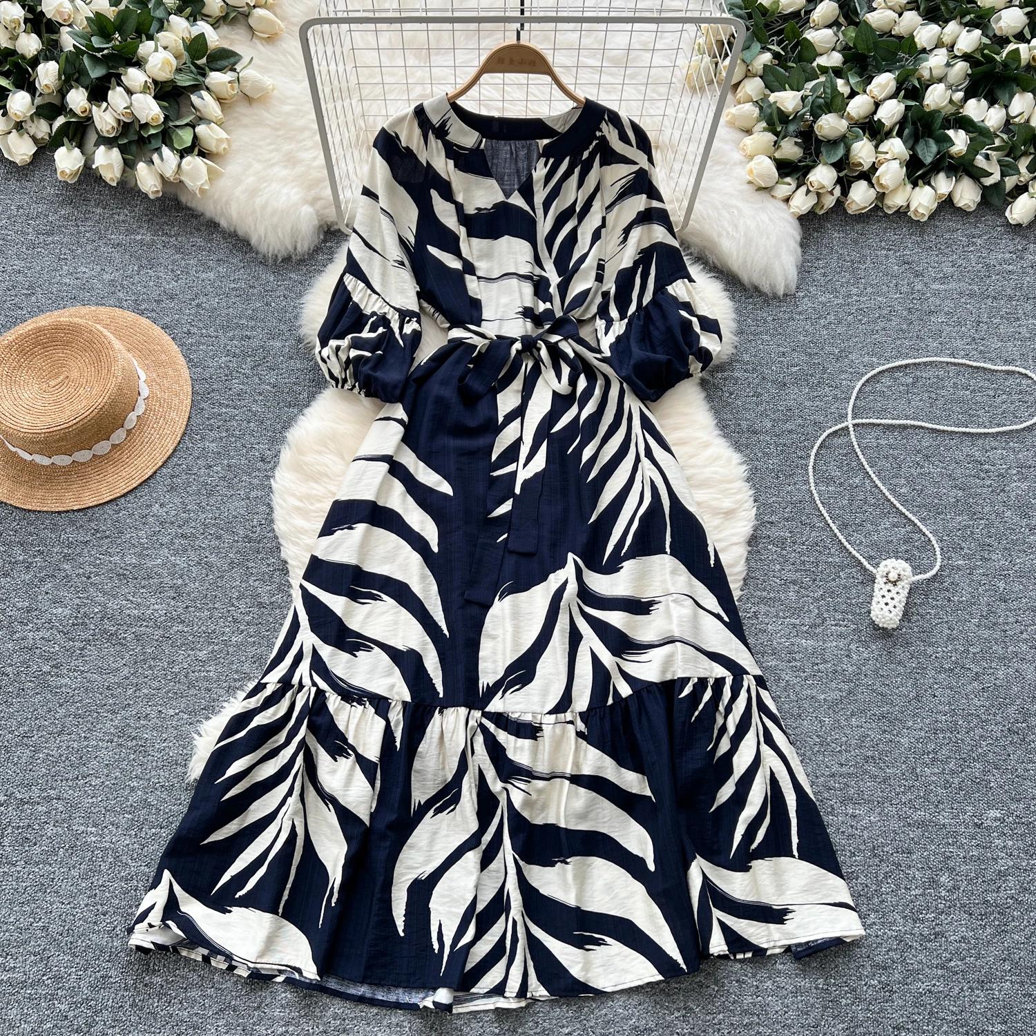 

Элегантные рукава-фонарики с винтажным V-образным вырезом, шикарный принт, облегающие платья трапециевидной формы, длинные платья, вечерние платья для французского стиля, осенняя одежда One Size темно-синий