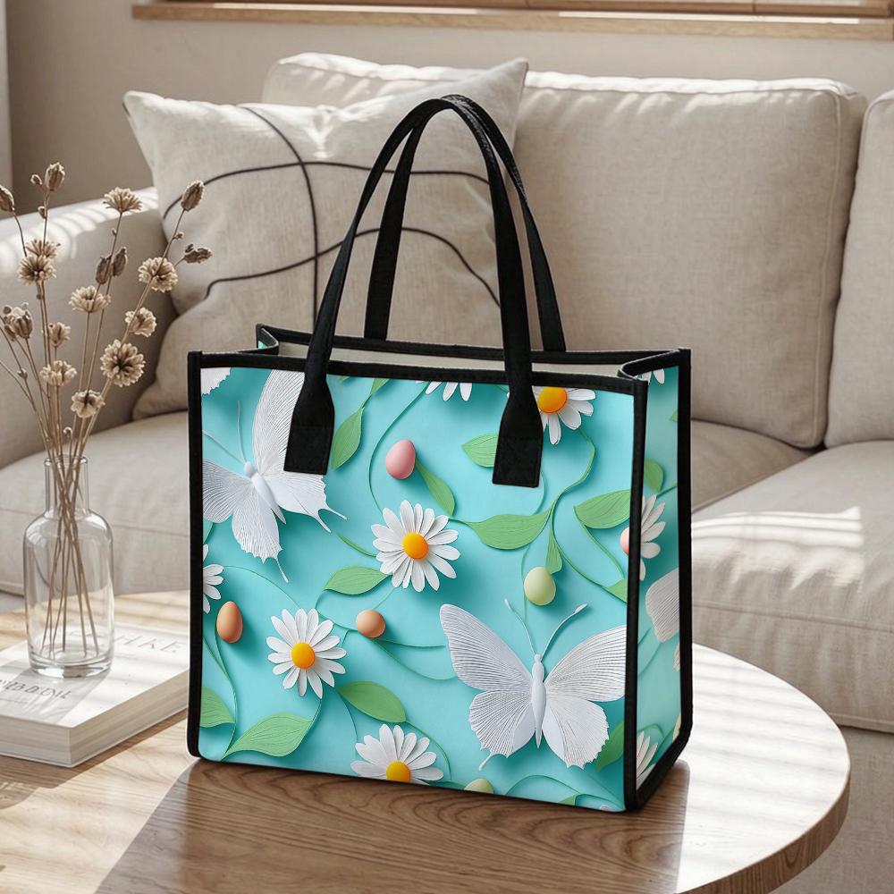 Cute Daisy Butterfly Print Tote Bag Fashion Casual Large Capacity Handbag for Daily Use