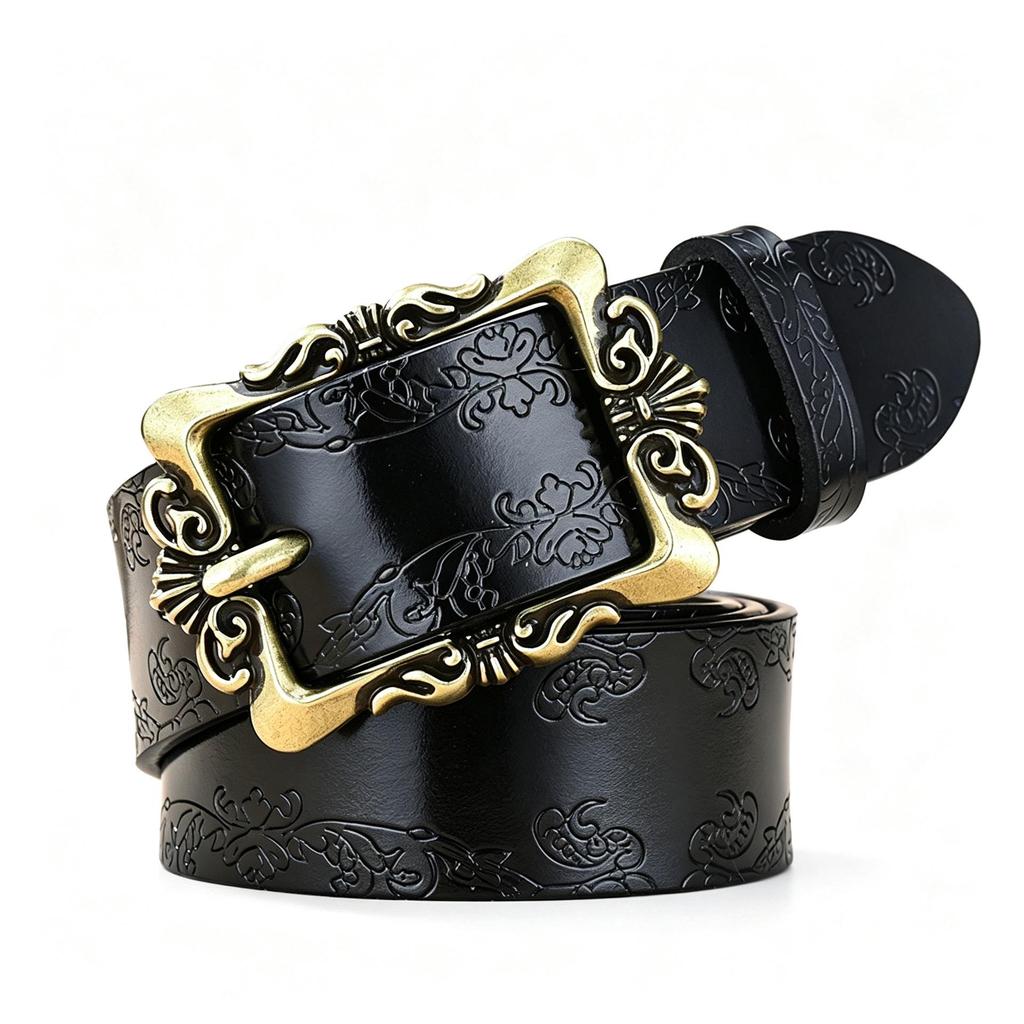 Luxury Retro Palace Style Women's Leather Belt with Butterfly Embossed Carved Buckle