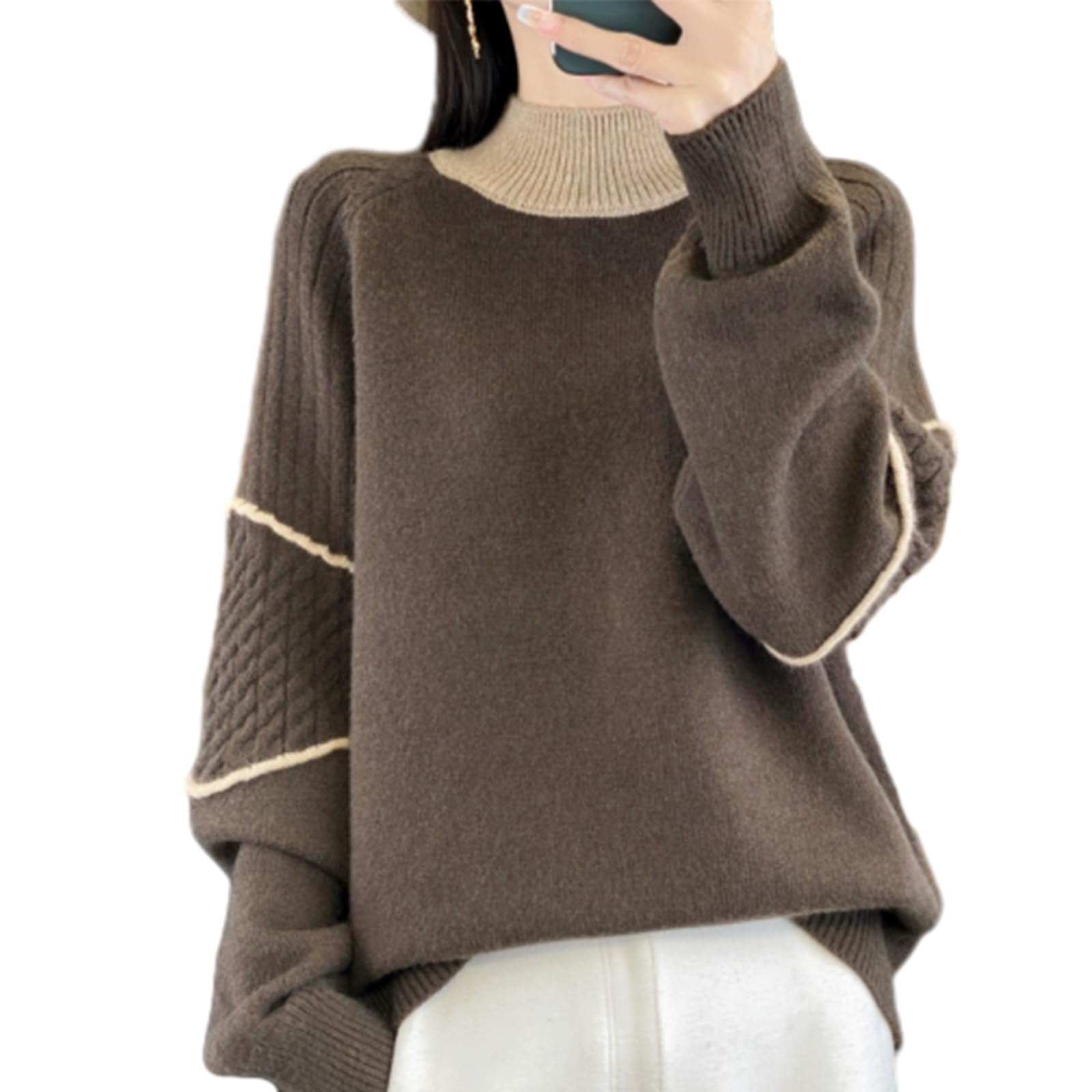 

Boretipseo В язаний Високий Довгий Светр Плюс Ідеально для Зими Жіночий Светр, Шия, Рукав, Верх, Гольф, М який, Підкреслює Фігуру, Стильний, Повсякденний, кавовий