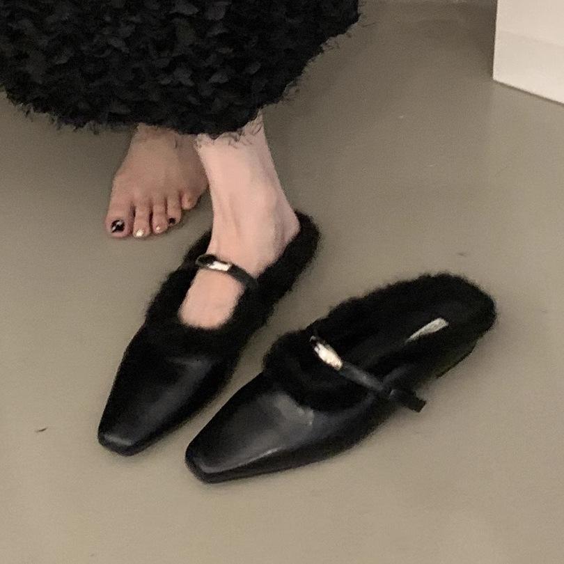 Evening Wind Gentle Velvet Bag Head Half Drag Women's Shoes Mao Mao Shoes Autumn and Winter Wear Muller Shoes One Pedal Mao Mao Drag Single Shoes