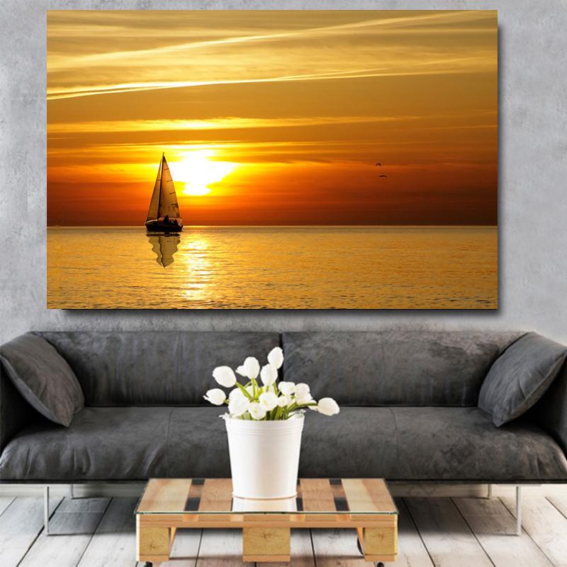 Sailing and Sunset HD Pictures Posters Prints Sailboat Surreal Ocean Birds Landscape Canvas Painting Wall Art Living Room Decor