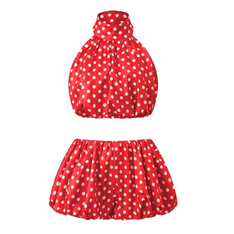 Women Y2k Vintage Short Skirts Sets Solid/Dots Sleeveless Backless Halter Neck Crop Tops with Bubble Skirts Vacation Outfits