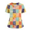 Women's Loose Short Sleeved Fashionable Square Printing V-neck Buttonable Side Slit Top T-shirt