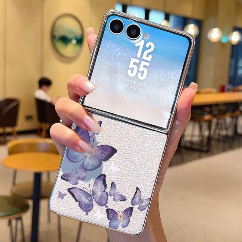 Butterfly Print PU Leather Phone Case For Samsung Galaxy Z Flip7 FE Flip6 Flip 7 6 5 5G Silver Plating Frame Hard Folding Cover