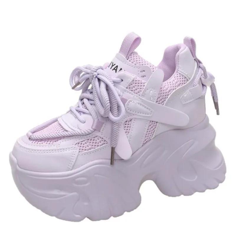 Fashion 9.5cm Autumn Spring Chunky Sneakers Women Lace Up Non-slip Platform Sports Shoes Thick Bottom Shoes Female Heels Casual Sneakers