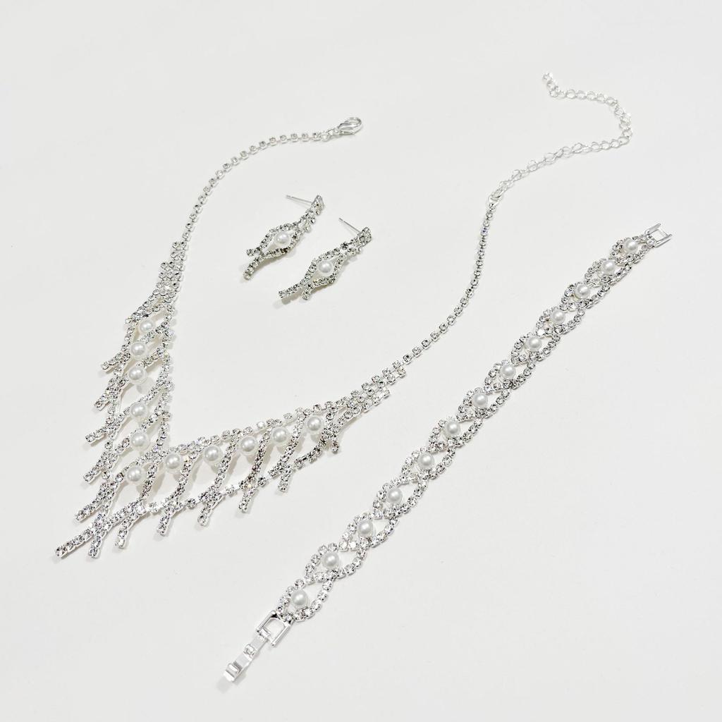 Jewelry Set Women, Rhinestones Bridal Neck Chain Crown Bracelet Bracelet Teardrop Pendant Earrings, Pearl Wedding Party