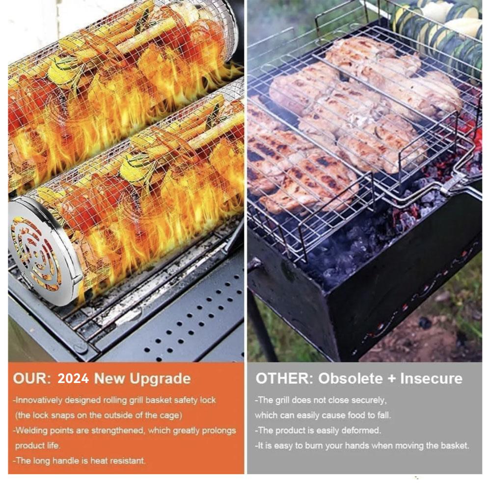 Rolling Grillkäfig Versorgung Grillkorb verbesserte Outdoor-BBQ Edelstahl Grillfass Grill-Tools