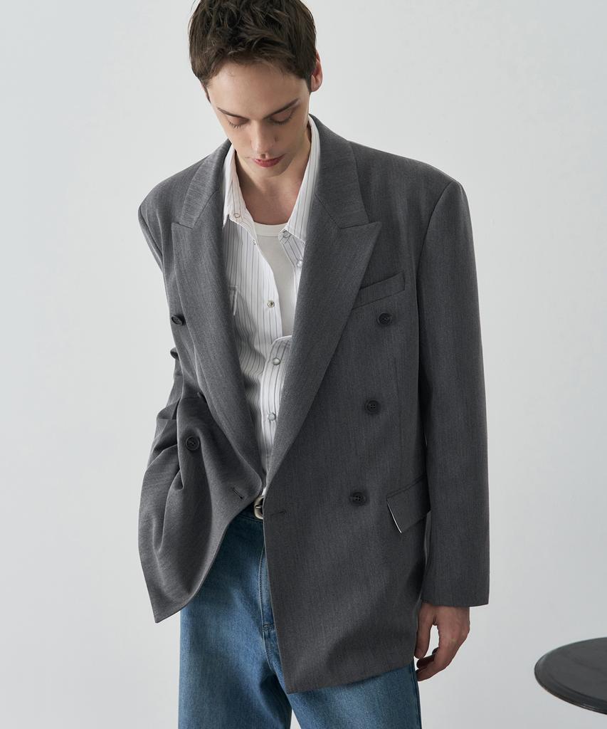 Draw Fit Herringbone Tailored Double Blazer [Grey]