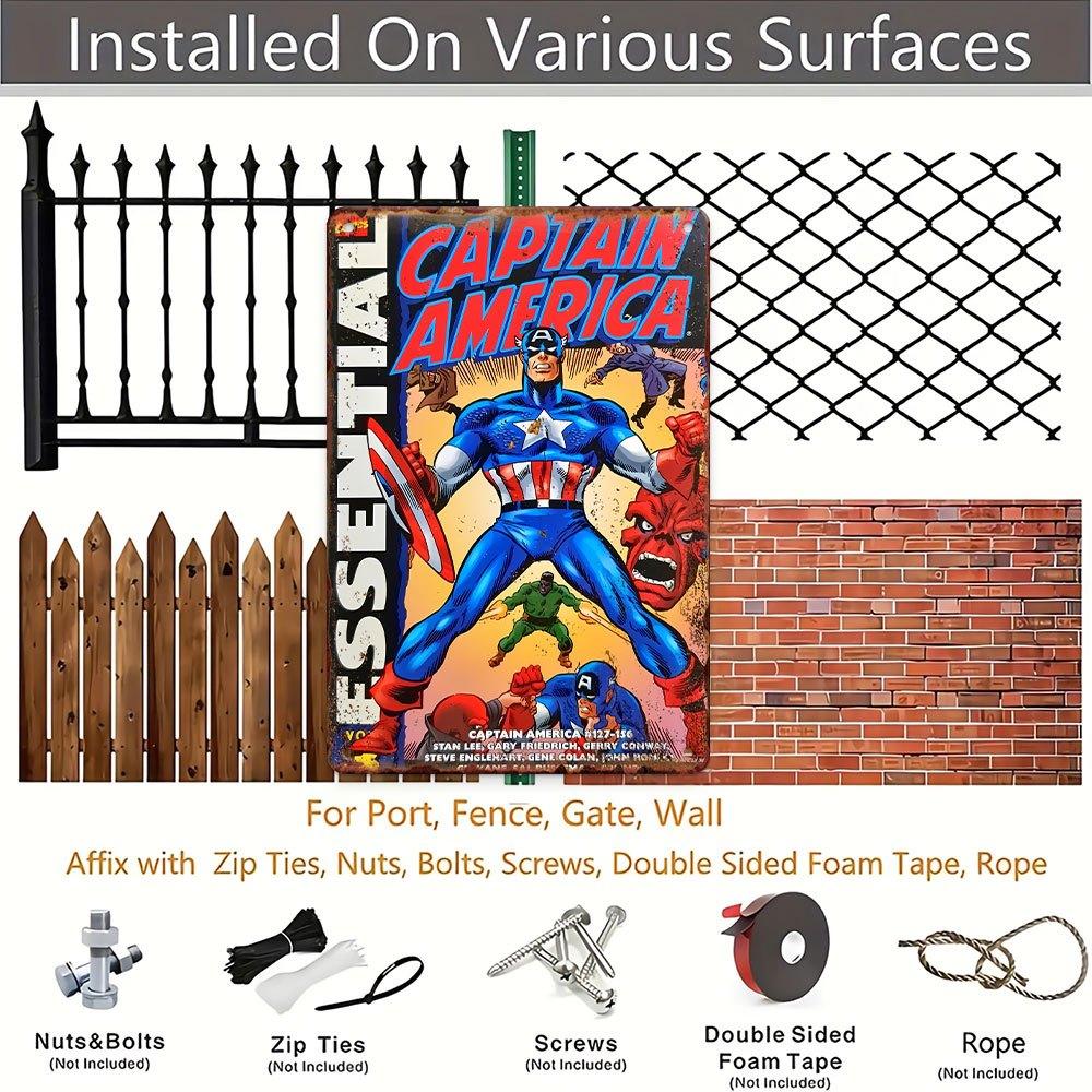 1 Marvel Captain America Retro Plåtskylt - Vintage Järnväggdekor, Superhjältedesign, Ingen El Behövs, Lätt att Installera, Sui