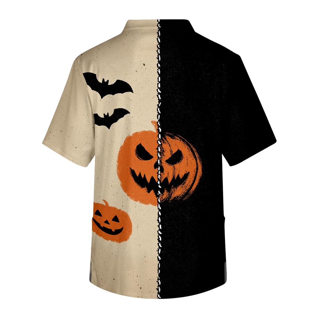 Men's Short Sleeve V-Neck Halloween Print Scrub Top with Chest Pocket