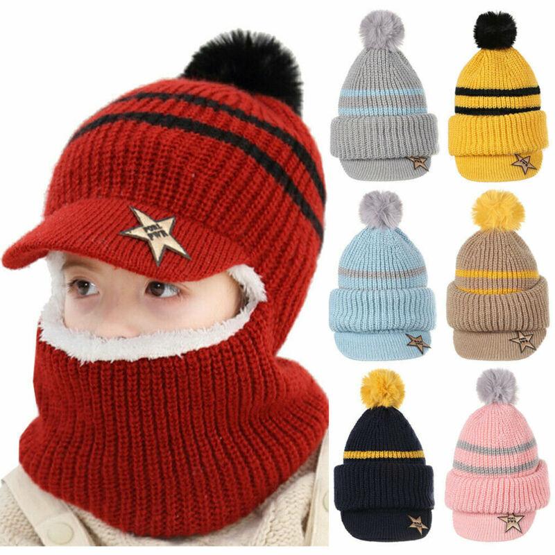 Kids Girls Boys Toddler Baby Winter Warm Hat Hooded Scarf Earflap Knitted Cap