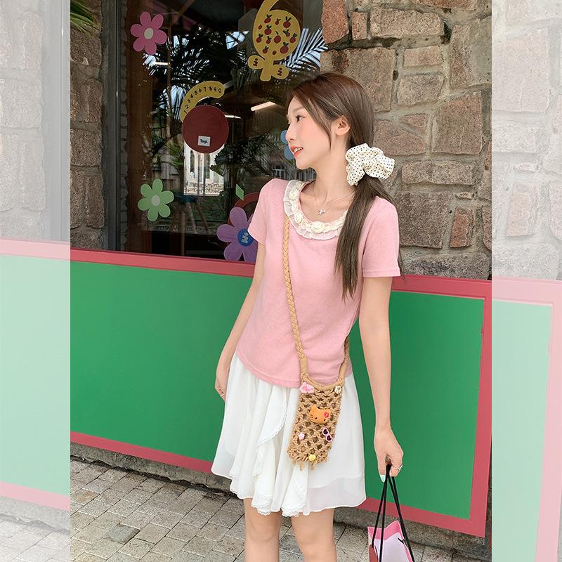 High-end Design Three-dimensional Flower Round Neck Front Shoulder Short-sleeved T-shirt Women's Summer Pink Sweet and Chic New Top