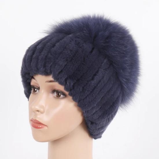 New Women Winter Luxury Real Rex Rabbit Fur Hat Knitted Rex Rabbit Fur Hat Top Natural Fox Fur Cap Genuine Fox Fur Beanies Hat