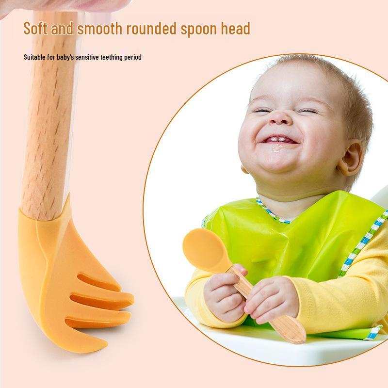 Silicone Wooden Handle Baby Fork & Spoon Set - Food Grade Training Utensils