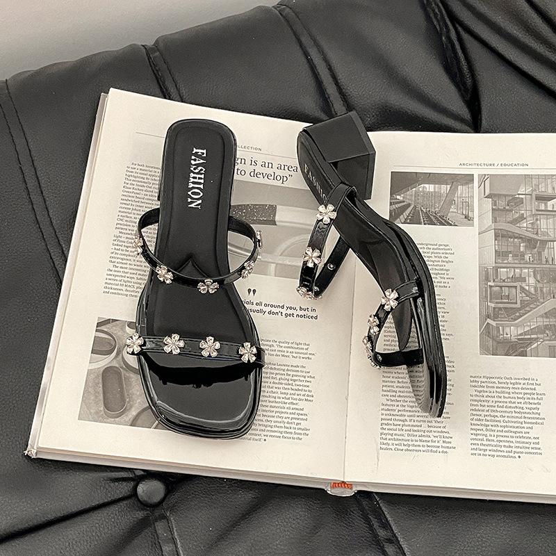 

Thick heel set toe French cool slippers fairy shoes wear new summer beautiful temperament rhinestone high heel slippers 35