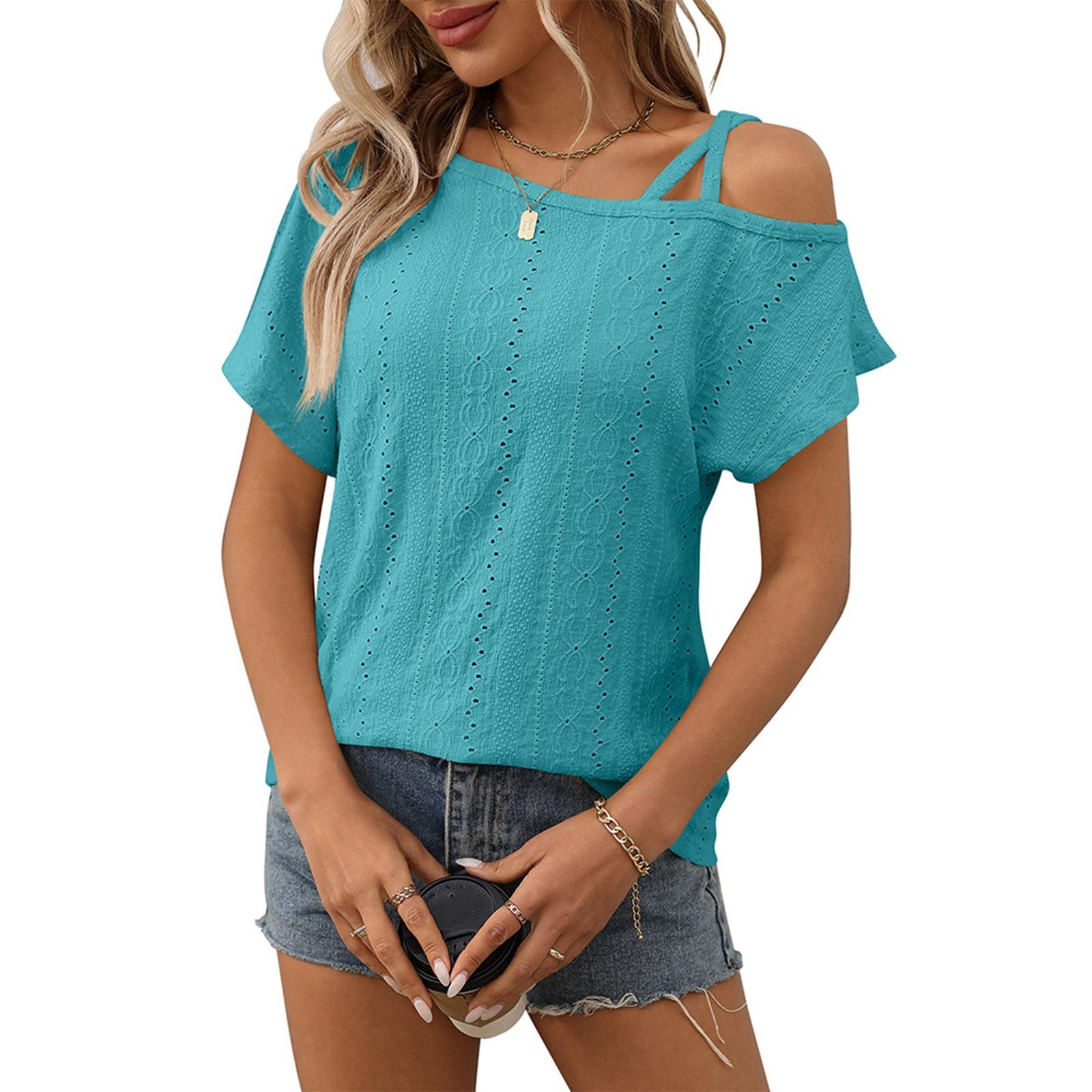 Women s Fashion Color Single Shoulder Short Sleeve Hollow Head T-shirt Top M