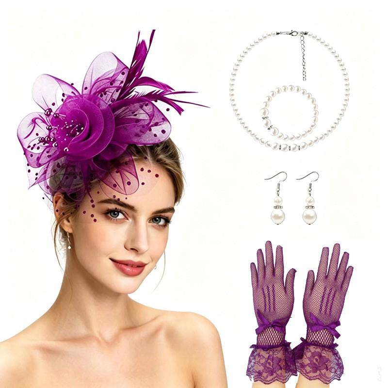Vintage Bridal Hair Accessories Set Kentucky Derby Feather Headband Gloves Necklace Floral Bow Mesh Wedding
