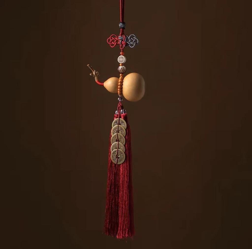 Chinese Knot Car Pendant Natural Gourd Five Emperors Coin Rearview Mirror Pendant Fringe Copper Coin Gourd Auspicious Car Decoration