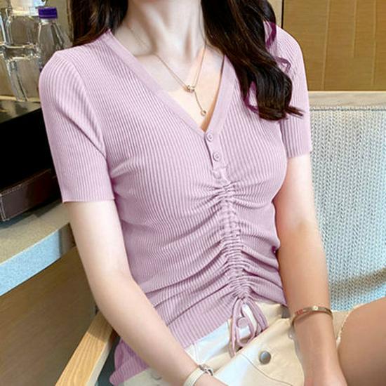 2023 Summer Women's V-Neck Ice Silk Knitwear, Slimming Half-Sleeve Top with Button Drawstring