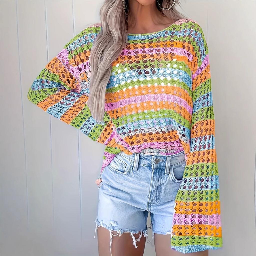 Spring Summer New Loose Round Neck Color Block Striped Knit Sweater for Women, European American Style Leisure Outerwear