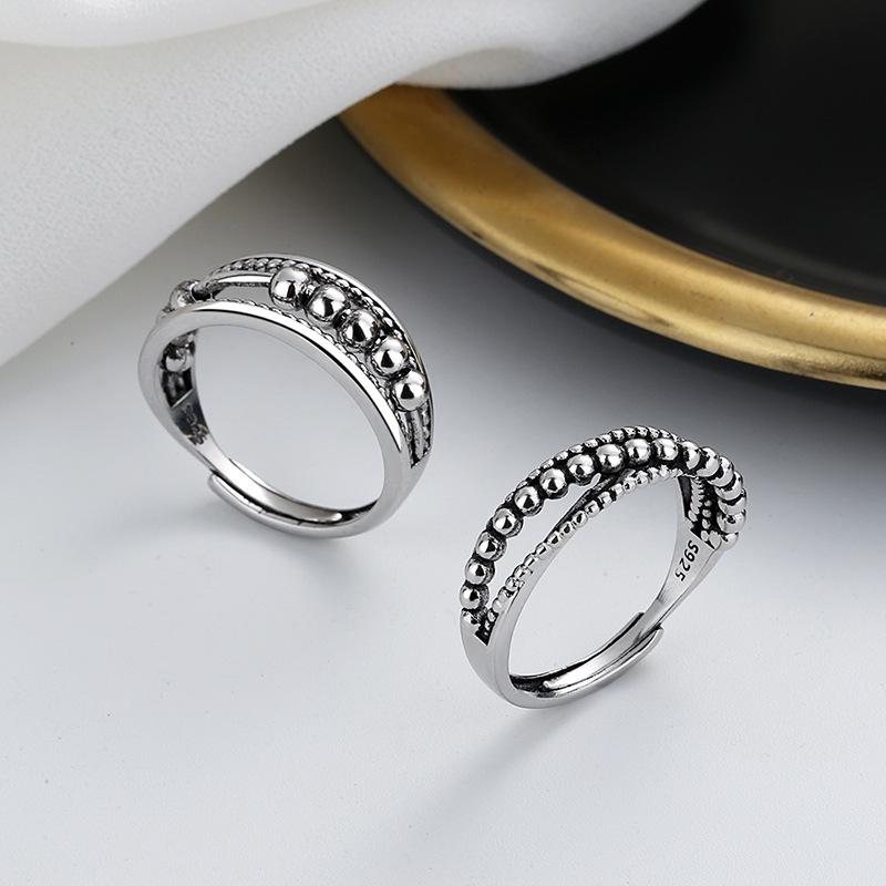 Adjustable Retro Polka Dot Beaded Couple Rings - European American Style In Thai Silver