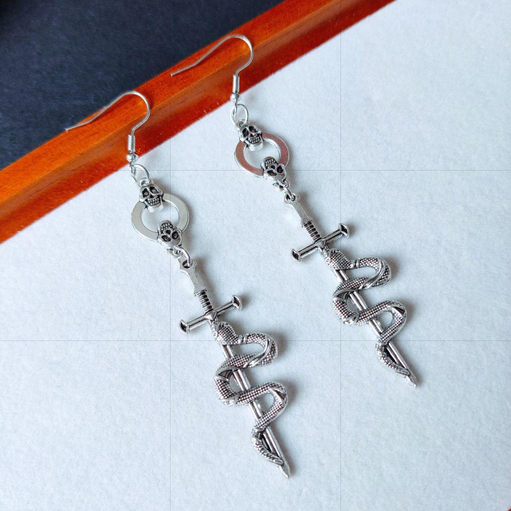 European & American Gothic Skull Snake Sword Long Earrings - Retro Punk Style