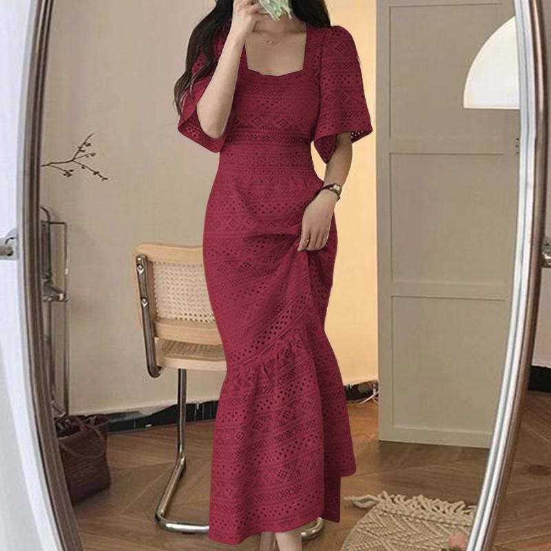 

ZANZEA Women Summer Square Collar Casual Short Sleeve Lace Long Dress XL вина червоного кольору