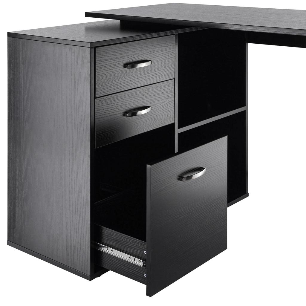 Corner PC Desk with 2 Drawers and Open Shelves, L-Shaped Corner Desk In Wood and Metal, 117x83.5x76 Cm, Black