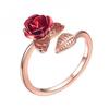 Women Circlet Red Rose Opening Leaf Adjustable Women Ring for Valentine's Day
