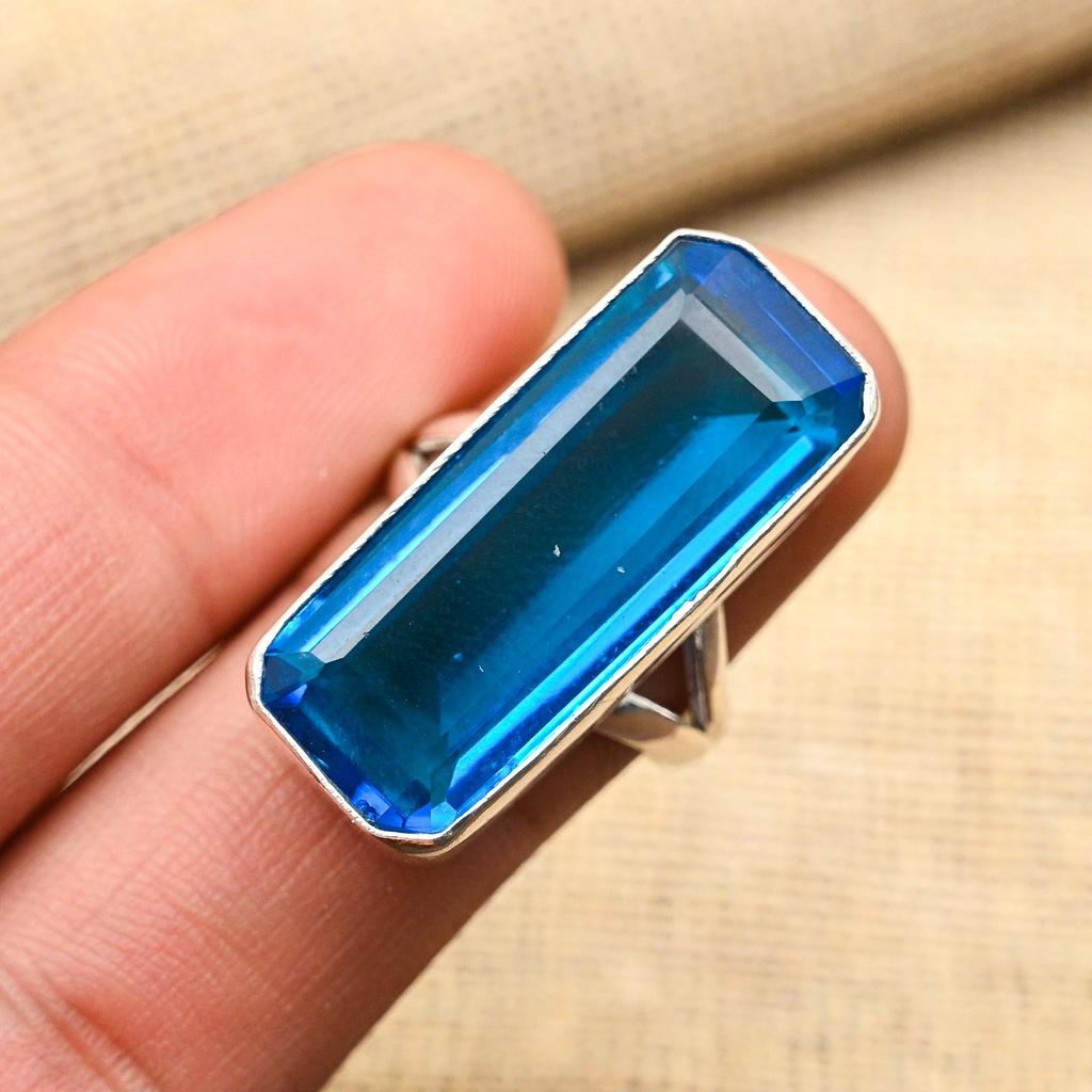 Attractive Blue Topaz Gemstone Handmade 925 Solid Sterling Silver Jewelry Ring For Women