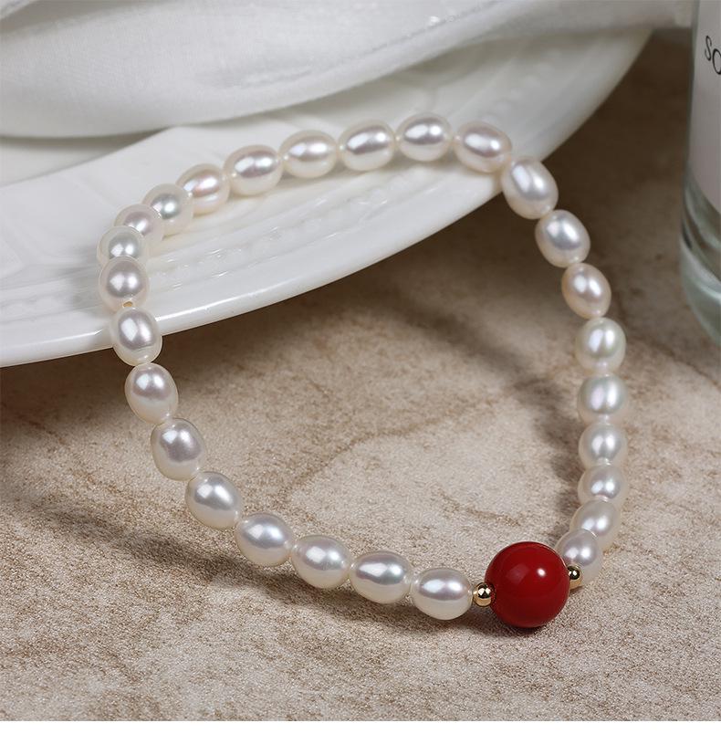 Cinnabar & Freshwater Pearl Chinese Style Elastic Bracelet
