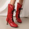 Women Sexy Lace Up Mid-Calf Heel Boots Vintage Gothic Lace High Heel Boots Victorian Steampunk Cosplay Autumn Boots Shoes 34-48