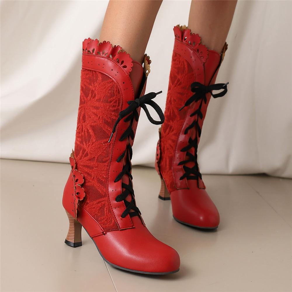 Women Sexy Lace Up Mid-Calf Heel Boots Vintage Gothic Lace High Heel Boots Victorian Steampunk Cosplay Autumn Boots Shoes 34-48