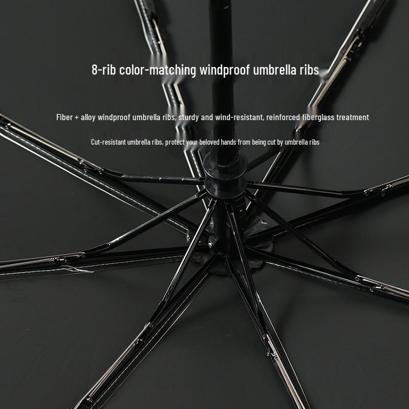 8-Rib Automatic Black Glue Umbrella: UV-Blocking, Rain or Sun Protection, Three-Fold Design