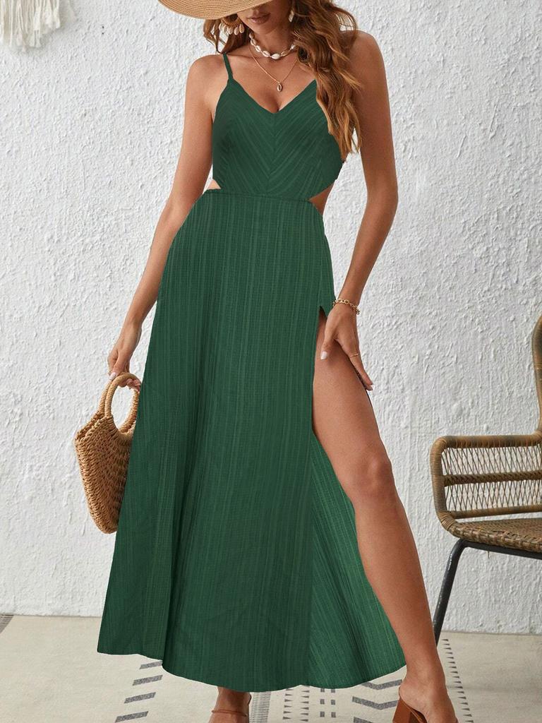 Women's V Neck Spaghetti Strap Maxi Dress Slim Fit Elastic Waist Boho Printed Cutout Side Slit Vacation Beach Dress