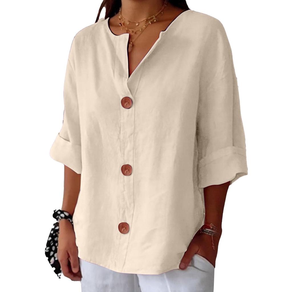 Women's Fashion Casual V-Neck Buttoned Seven-Point Sleeve Cotton T-Shirt Top