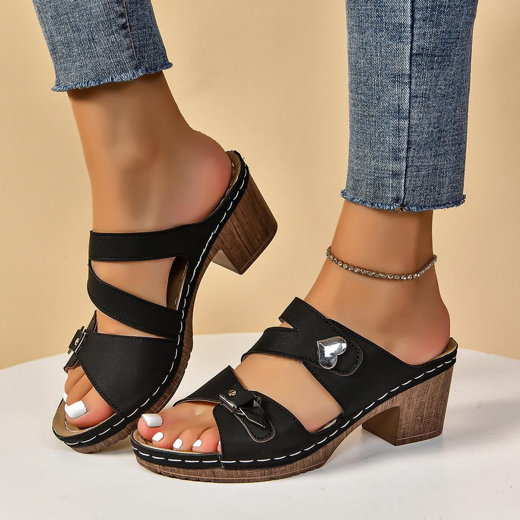 2025 Summer Large Size Foreign Trade Women's Shoes Casual Style Wide Strip Thick Heel Slippers Black I-shaped Slippers Women