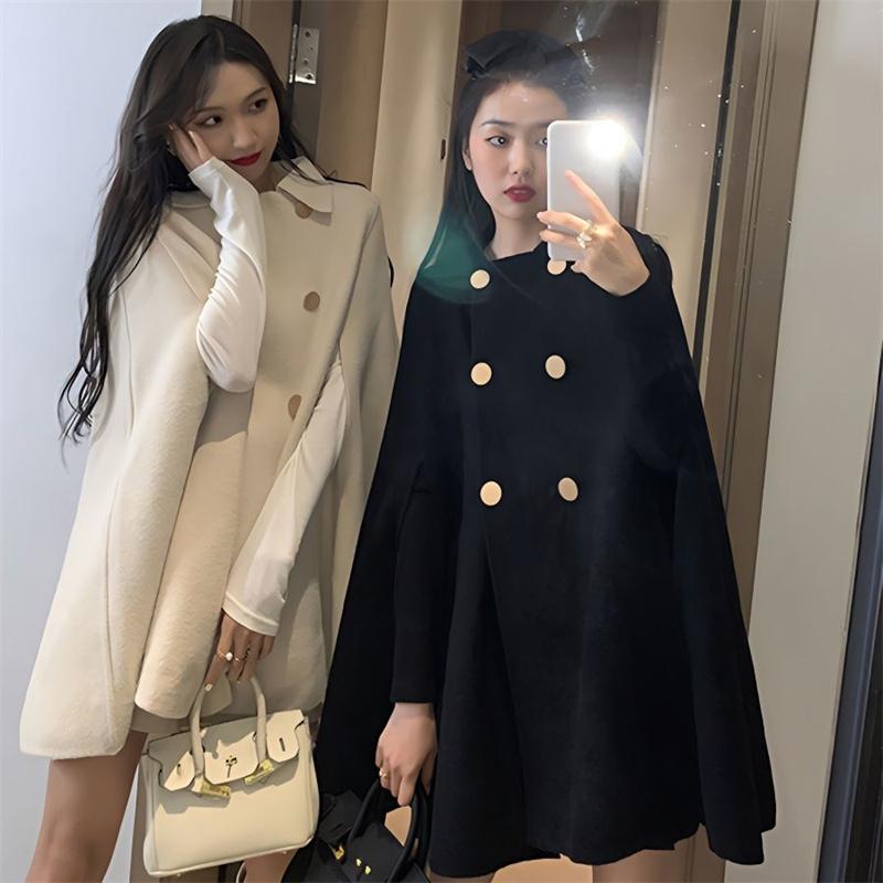 Women's Autumn Winter British Style Woolen Coat Loose Cowl Neck Wrap Shoulder Top Korean Version Casual Fashion Outerwear