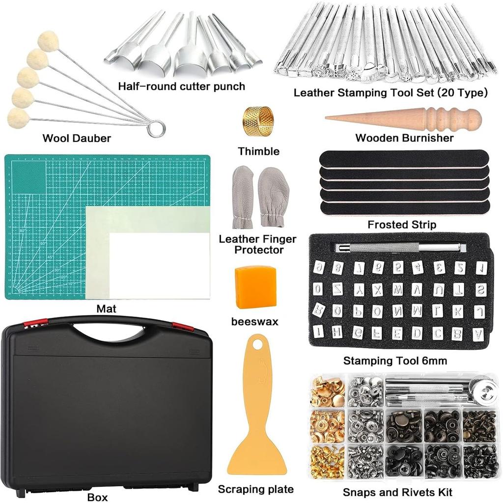 273 Pieces Leather Working Tools and Supplies with Leather Tool Box Cutting Mat Hammer Stamping Needles Snaps and Rivets Kit Perfect