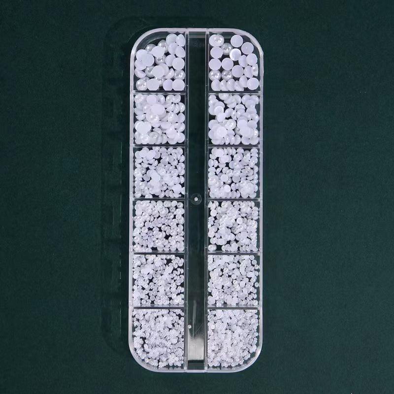24-Grid Nail Art Pearl Rhinestones: Half & Full Round Off White and Pure White Mix